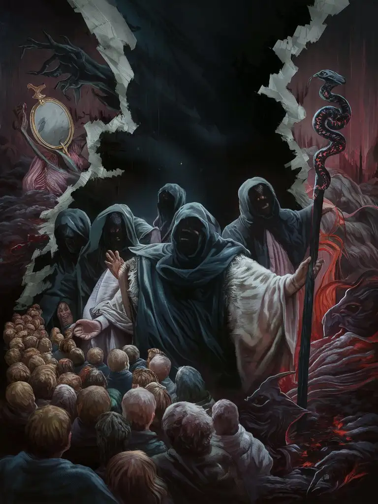 digital painting depicting the dangers of following lost role models who themselves are adrift and misguided. The scene could show a crowd of people being led astray by charismatic but misguided leaders, depicted as shadows or illusions that lead them towards a dark, ominous void. Harsh contrasts, twisted forms, and symbols of deception and manipulation would convey the message of individuals falling prey to false idols who offer empty promises and hollow guidance.
