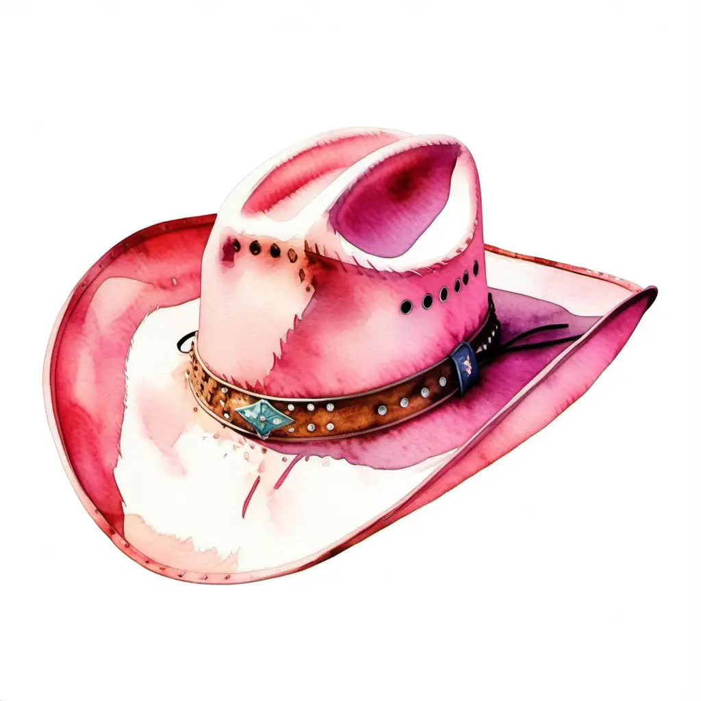 Watercolor styled, single pink cowboy hat, white background