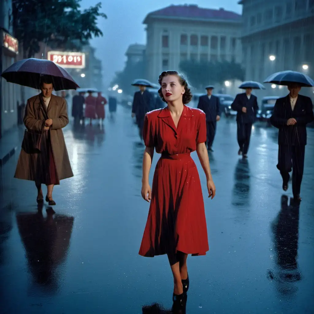 woman in the street in the 1940 Bucharest wearing a red dress  night rainy street
