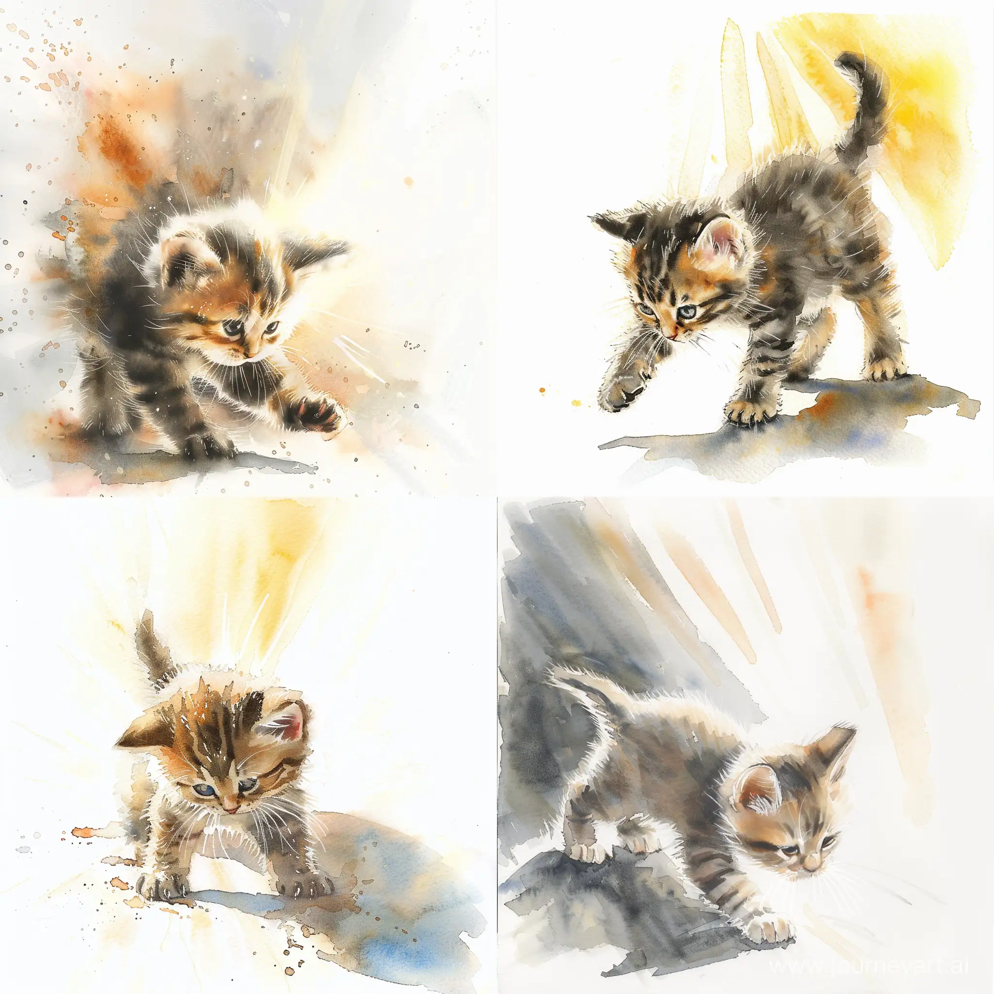 Adorable-Kitten-Delighted-by-Sunlight-Watercolor-Painting-on-White-Background