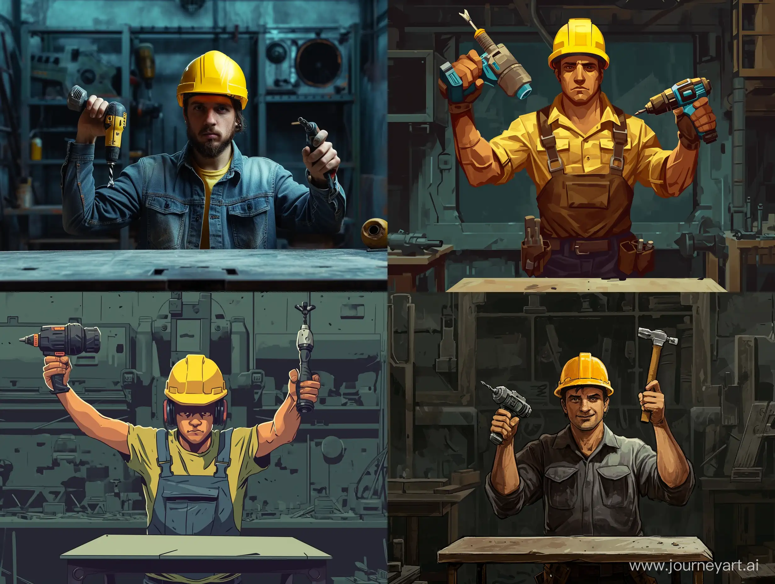 строитель в желтой каске держит в одной руке дрель в другой молоток, а перед ним пустой стол, сзади мастерская все в темных тонах