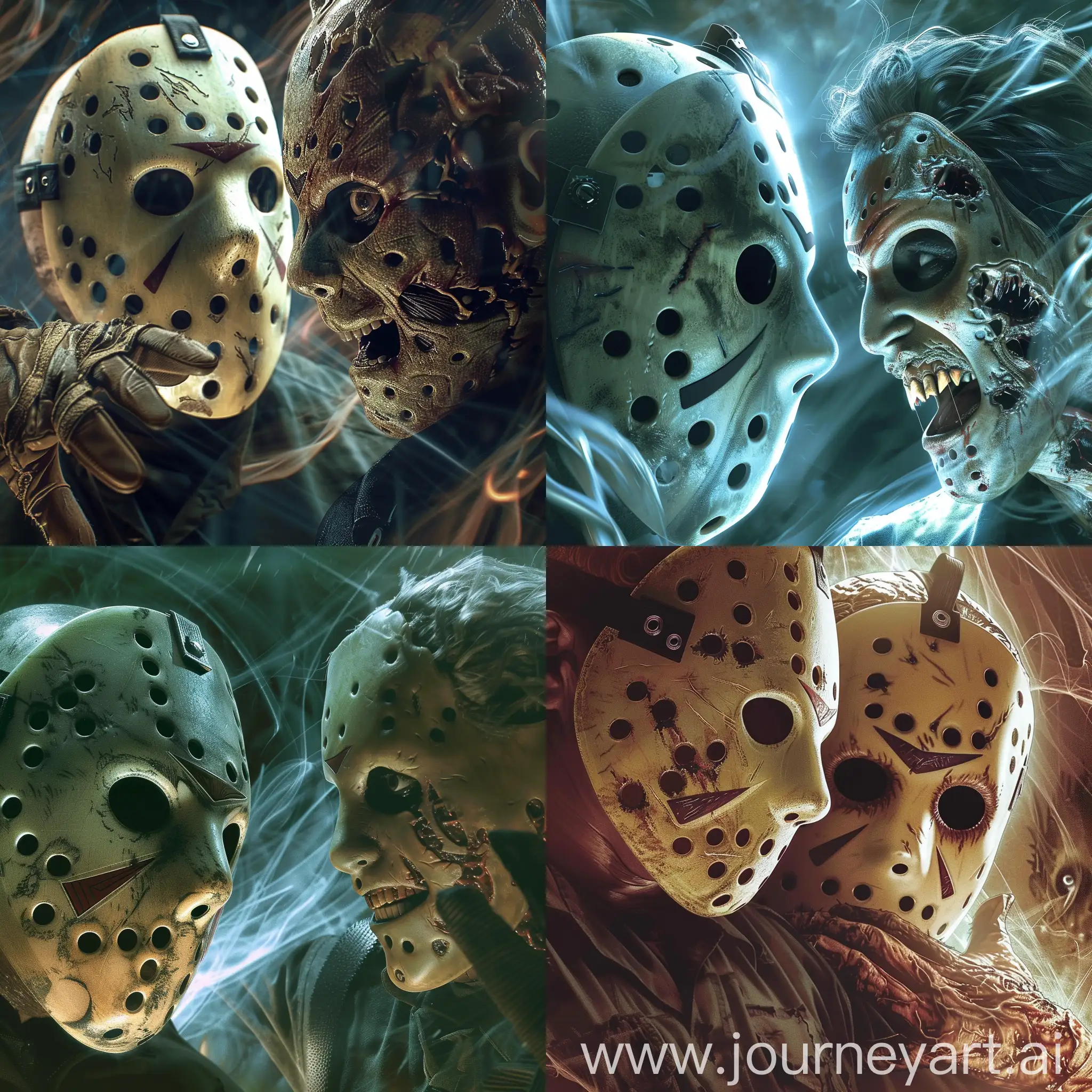 In a close-up shot fraught with tension, Jason Voorhees and Freddy Krueger lock eyes in a battle of wills. Jason's iconic hockey mask is cracked and weathered, revealing only a glimpse of his cold, unyielding stare beneath. His expression is one of silent determination, unmoved by fear or emotion. In contrast, Freddy's burned visage is twisted into a malevolent grin, his razor-sharp glove gleaming ominously in the dim light. Behind them, wisps of spectral energy swirl, hinting at the otherworldly powers at their command. In this moment frozen in time, the stage is set for a terrifying clash between the unstoppable force and the master of nightmares.