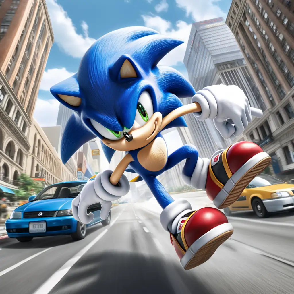 Sonic the Hedgehog Speeding Through Urban Landscape Collecting Rings