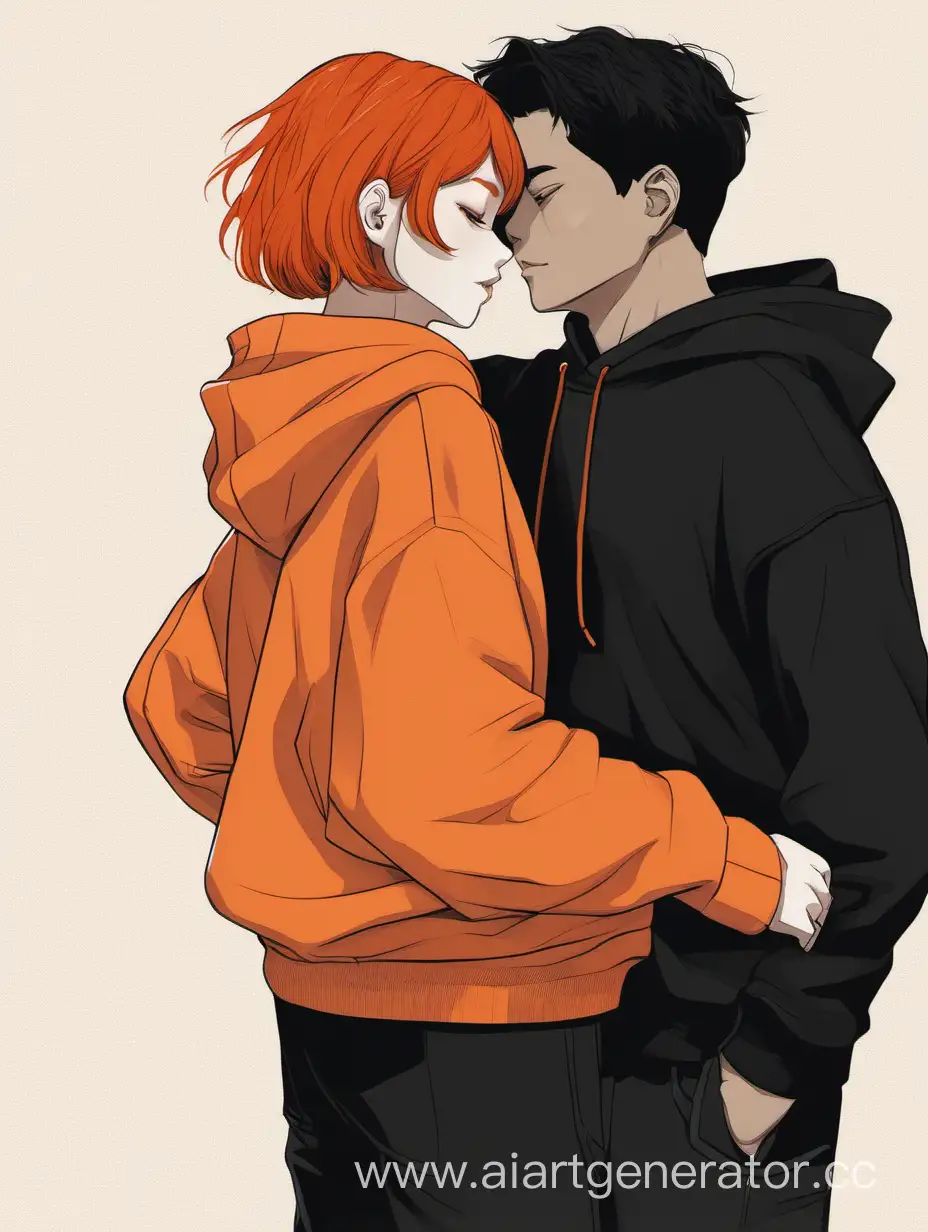 Affectionate-Embrace-RedHaired-Girl-in-Orange-Sweatshirt-Hugging-BlackHaired-Guy-in-Matching-Attire