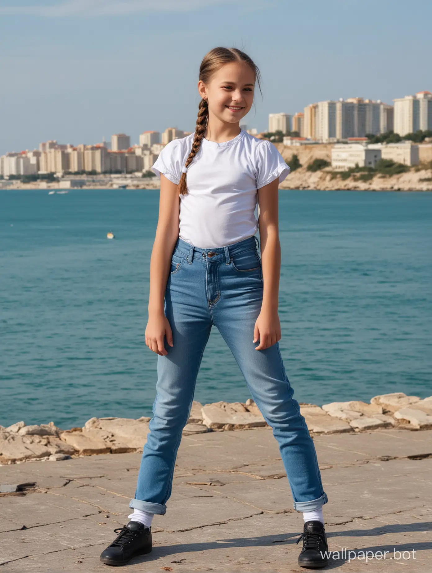 Beautiful Soviet schoolgirl 10 years old with ponytails in the Crimea against the background of the sea, in full height, dynamic poses, smile, people and buildings in the background, tight jeans, ass