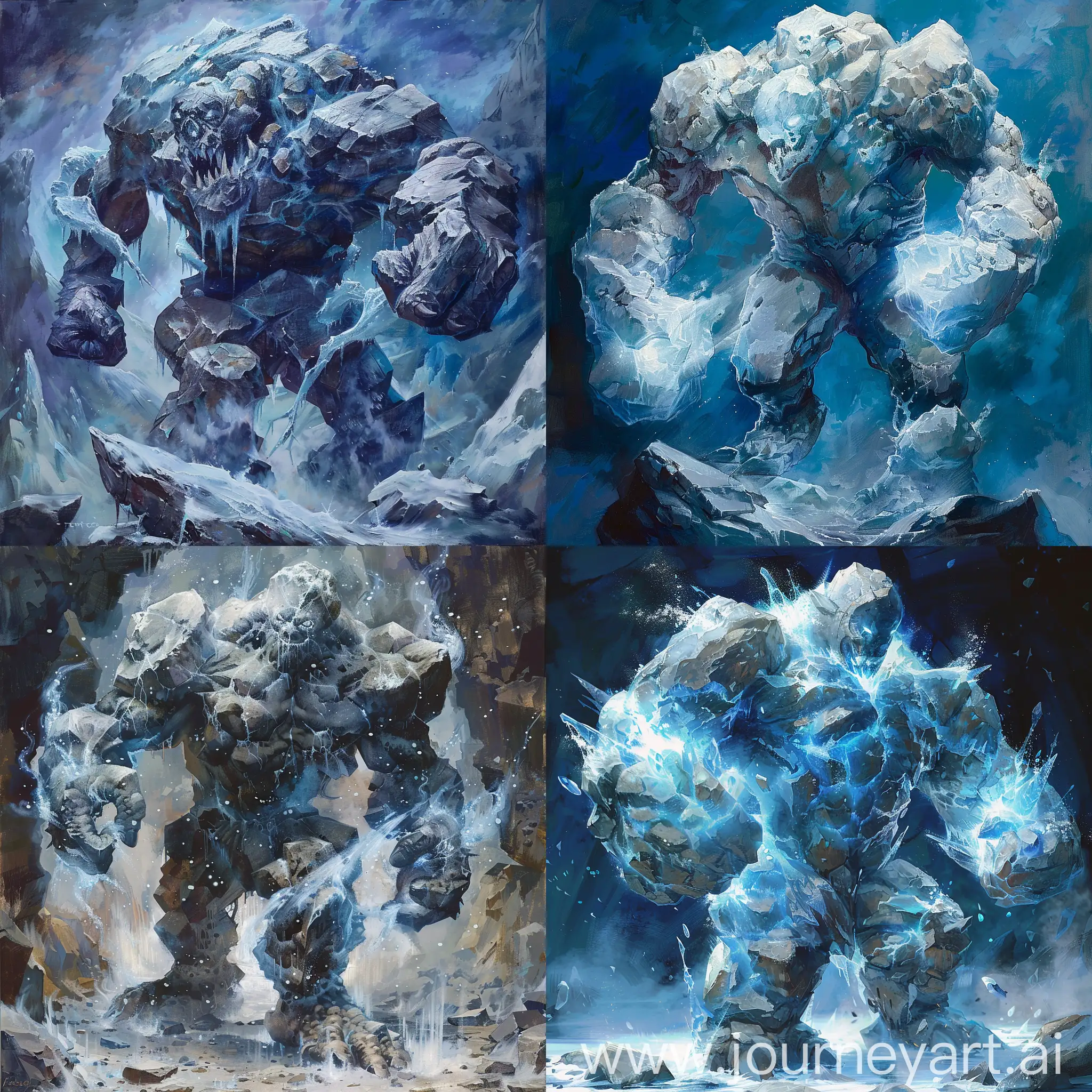 Magical golem made of stone and ice magic.
In the art style of Terese Nielsen oil painting.
