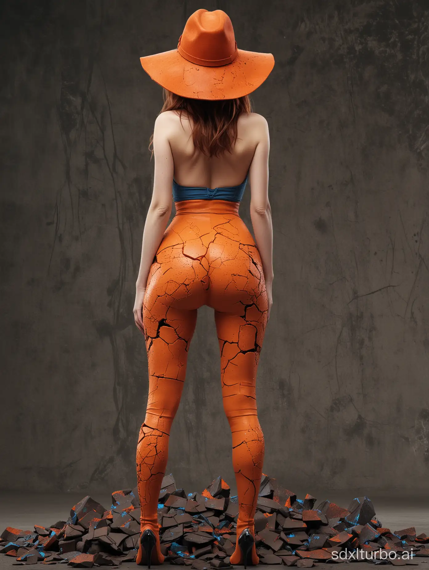 Emma stone，with hat,((full body,huge round ass)),tank top, huge breast ，from behind，,a photo of a woman on a cracked surface, inspired by Alberto Seveso, featured on zbrush central, orange fire/blue ice duality!, portrait of an android, fractal human silhouette, red realistic 3 d render, blue and orange, subject made of cracked clay, woman, made of lava