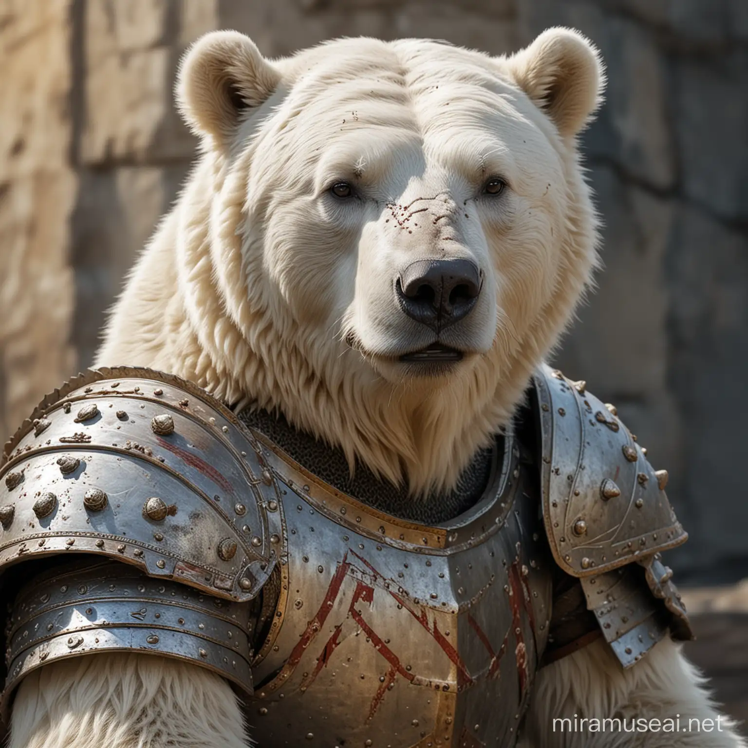 древний белый медведь с боевыми отметинами в доспехах