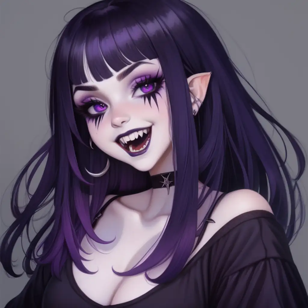 thick girl, white girl, alternative looking, subtle vampire teeth, purple and black hair, witchy aesthetic 