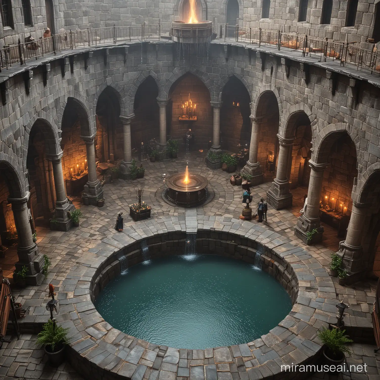 dungeons and dragons, fantasy, castle courtyard with a large fountain in the middle