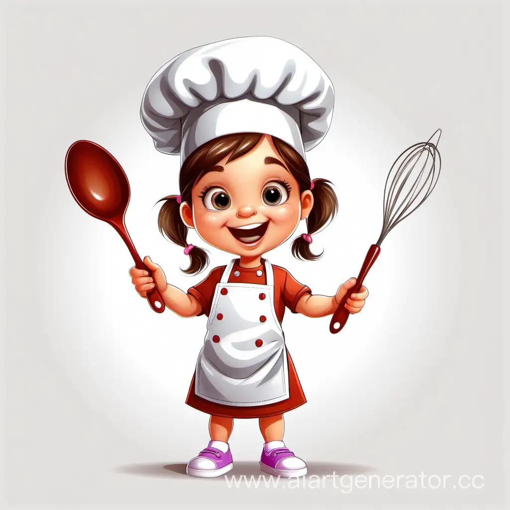 Little girl cook, with a whisk and spoon, on a white background, cartoon