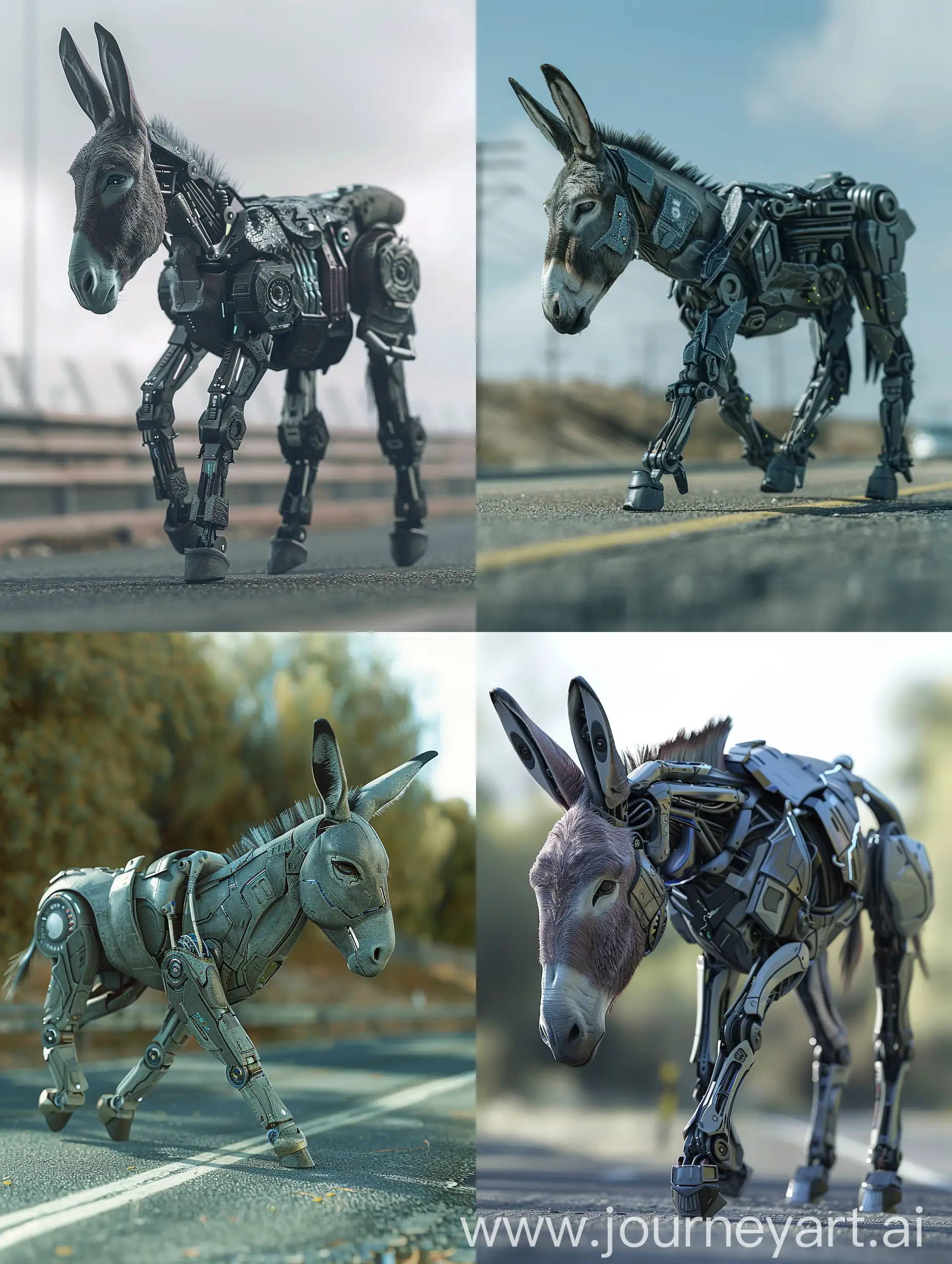 A realistic robotic donkey walking in road, cinematic, cinematic effects, photography, photorealistic, photorealism, hyperdetailed, illustrations, ultra-realistic, realism, realistic, hyper-realistic, hyperdetailed, detailed face, skin tone, high quality, 8k, 32k,