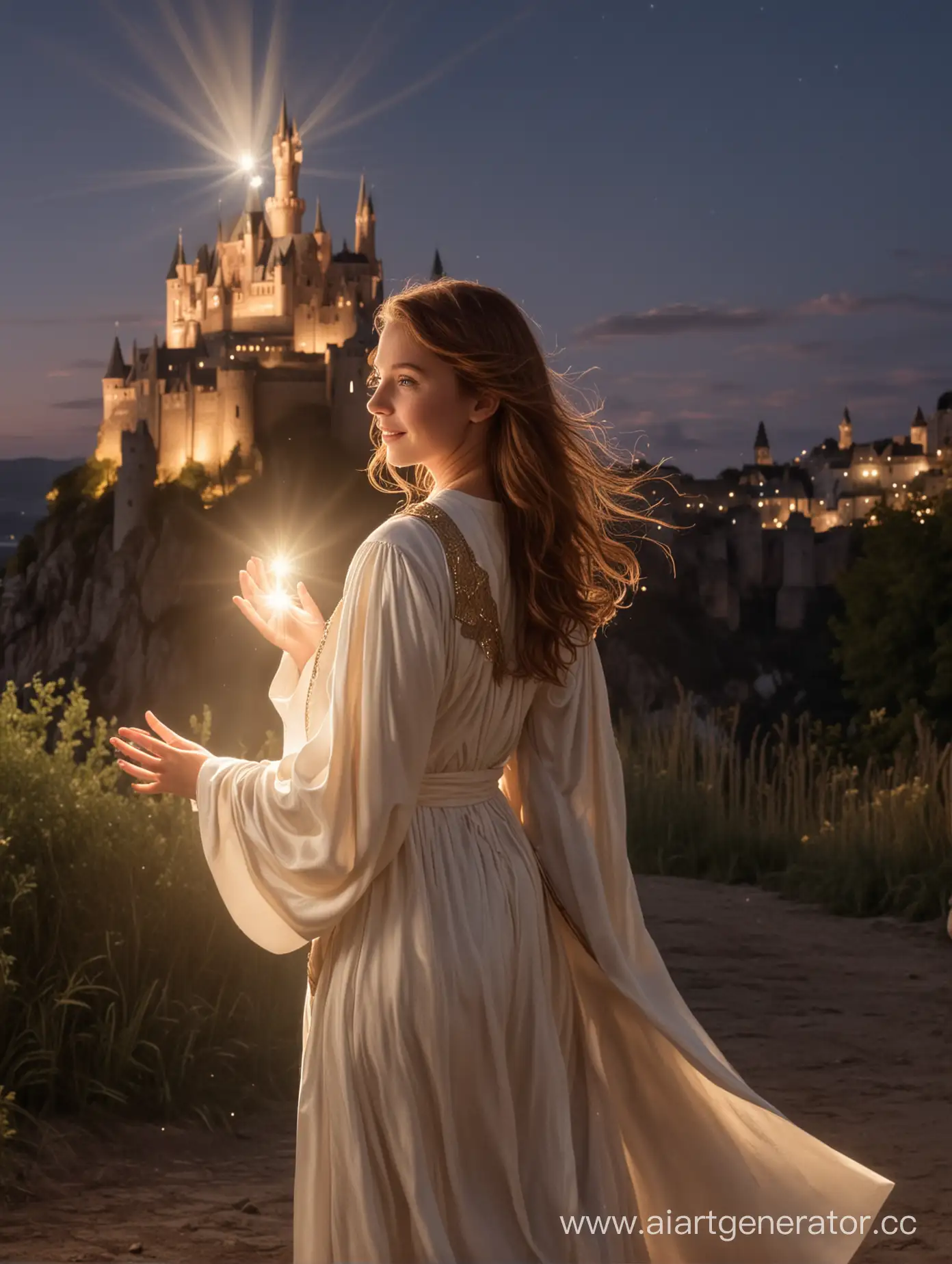 The castle is visible in the distance. In front is a girl with brown hair, in whose hands a magical light shines. She's wearing a robe