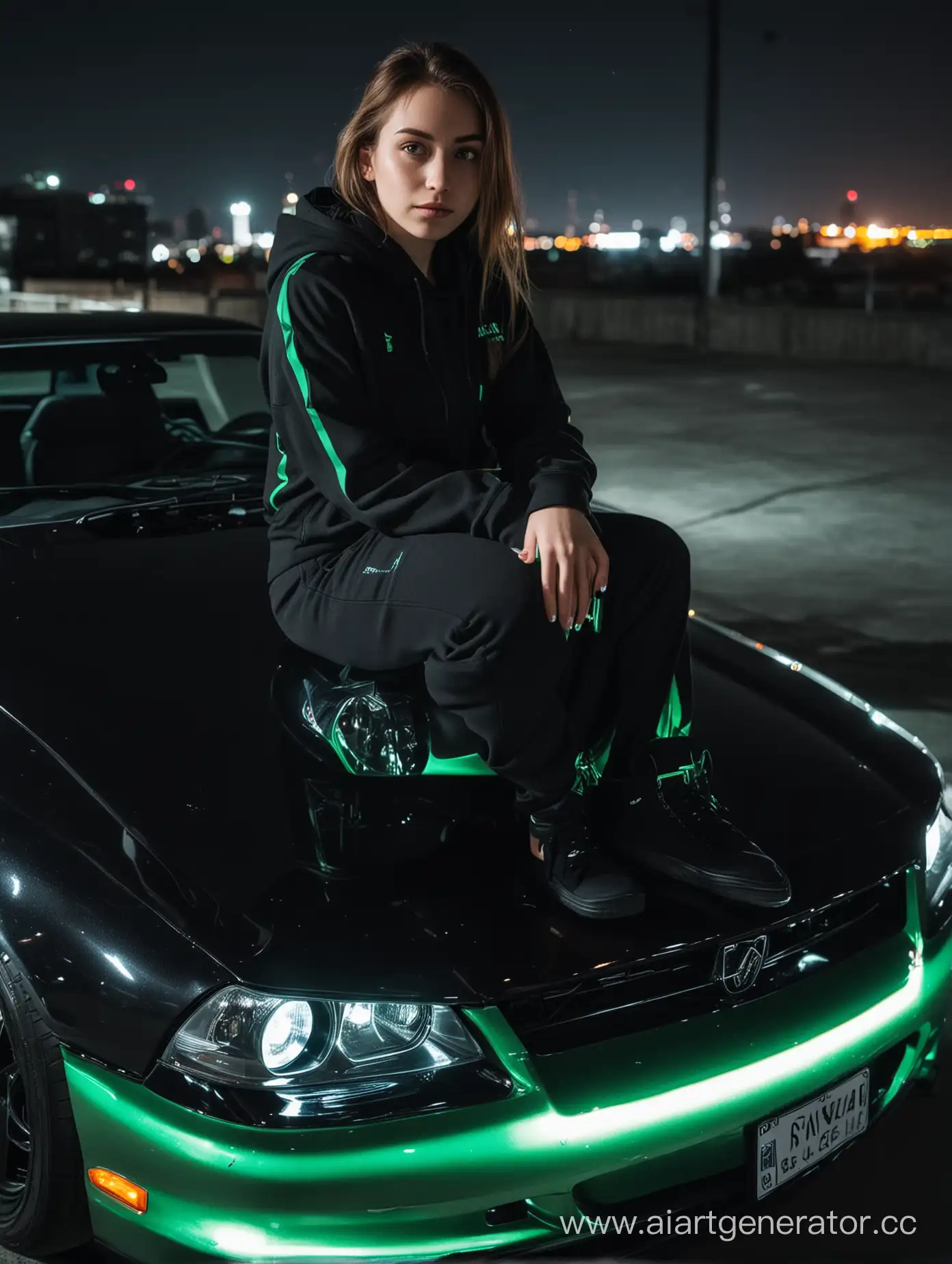Sporty-Girl-Relaxing-on-Black-Nissan-Skyline-with-Green-Underglow
