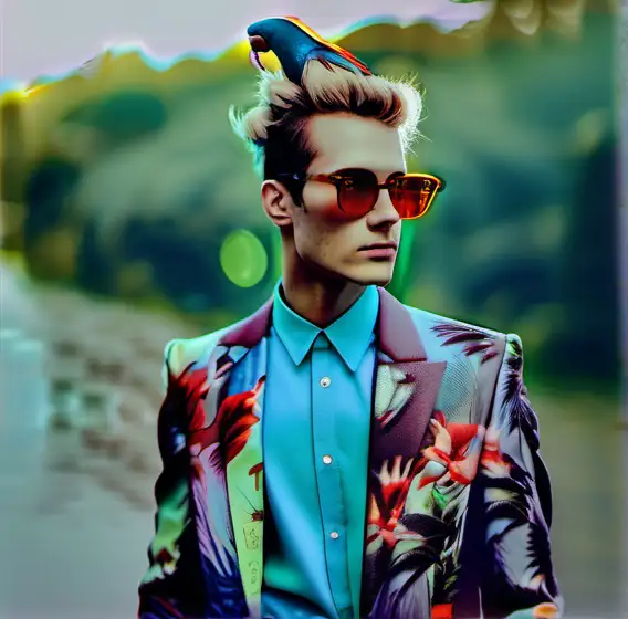 a tall young European model, standing in river, wearing floral jacket and red sunglasses, feather in his hair, blue earrings, parrot on shoulder