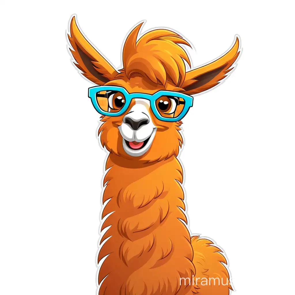 мультяшный персонаж, 2d улыбающаяся лама в очках, умный и доброжелательный вид, в оранжевом цвете