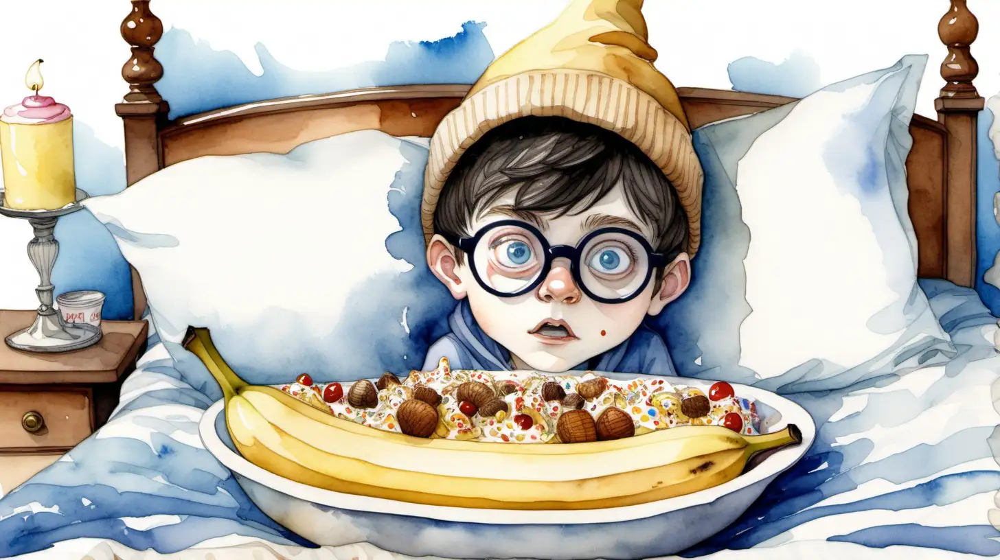 A watercolour fairytale style. A dark haired blue eyed boy pixie wearing glasses and a brown acorn hat is lying in bed looking sick after eating an enormous bowl of yellow banana split

