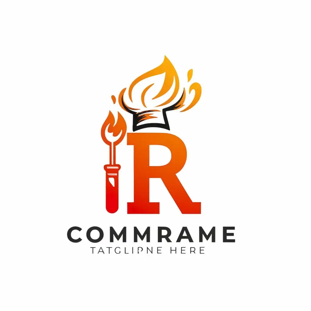 a logo design,with the text "R", main symbol:An R with chefs hat and blow torch. The whole thing is engulfed in a massive flame,complex,be used in Restaurant industry,clear background