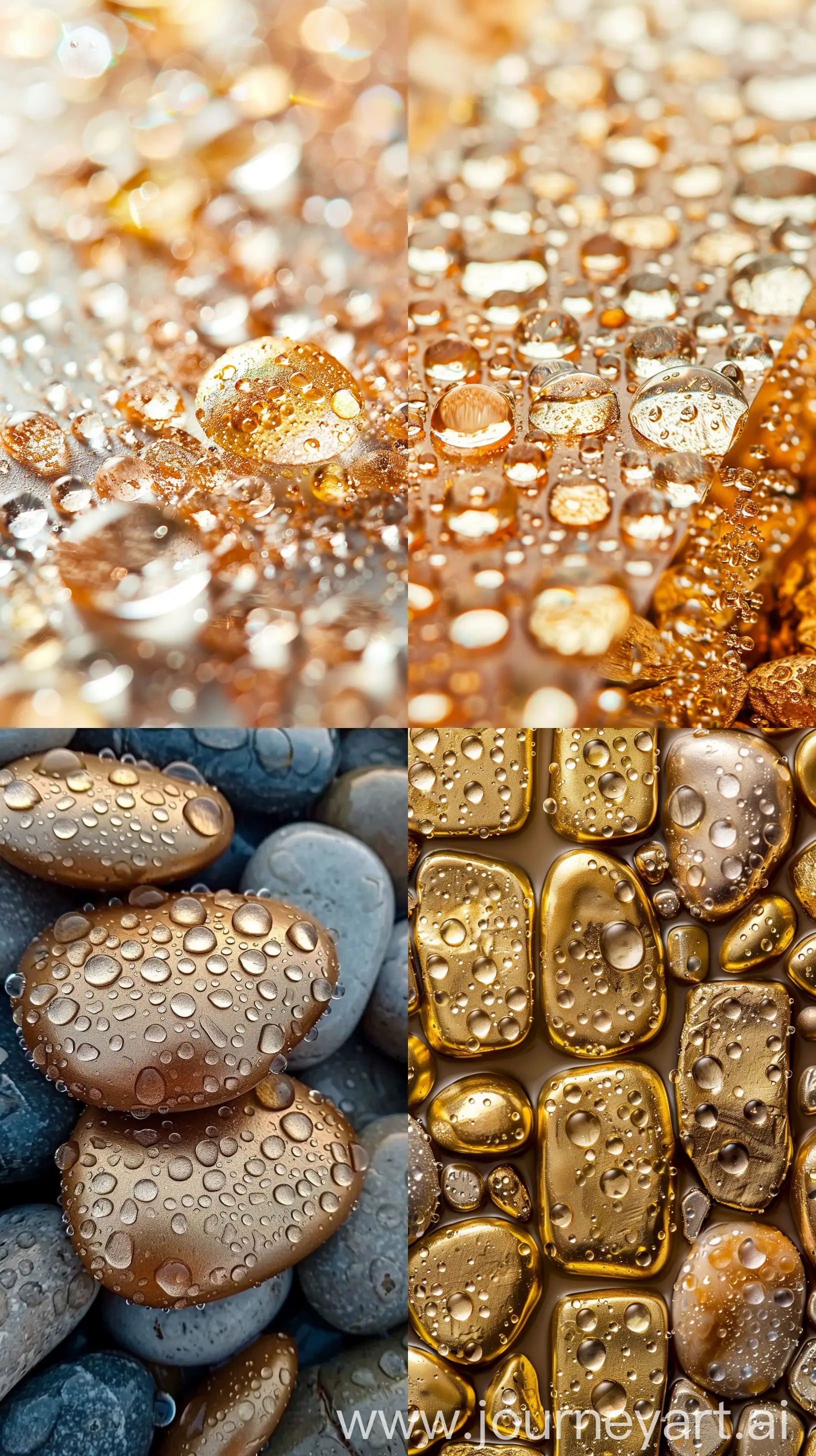 water drops on gold-plated pebbles, stunning wallpaper --s 500 --c 25 --w 10 --ar 9:16