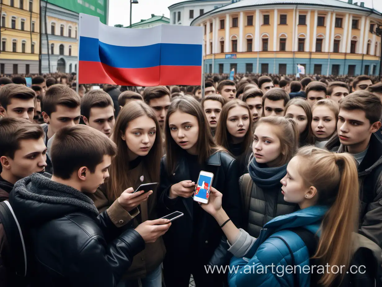 На картине запечатлён момент, где группа российской молодёжи собралась на городской площади, проявляя социально-политическую активность под влиянием PR-технологий. Молодые люди разных возрастных групп обсуждают политические вопросы с использованием современных технологий, таких как смартфоны и ноутбуки.

В фоне видны плакаты с политическими лозунгами, отражающими особенности российской политической обстановки. Некоторые участники демонстрируют политическую символику, например, значки с изображением флага России или эмблемой политических движений.

На экранах устройств молодежь активно участвует в обсуждении политических событий и социальных вопросов, используя социальные медиа и мессенджеры, популярные среди российской молодежи. Группы молодых людей объединены вокруг стендов с информацией о политических движениях в России.