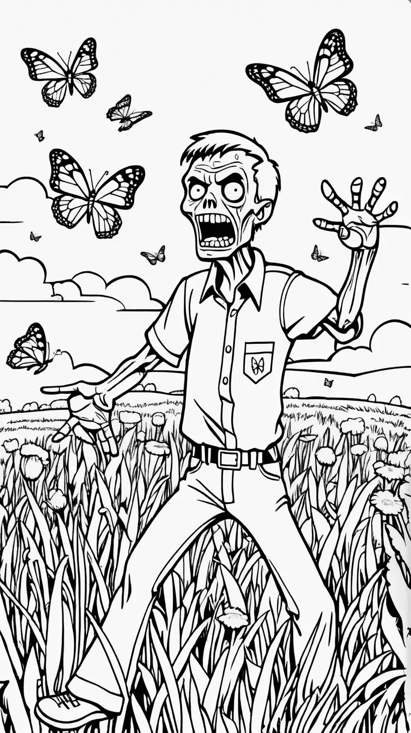 Friendly Zombie Catching Butterflies Whimsical Coloring Book Illustration
