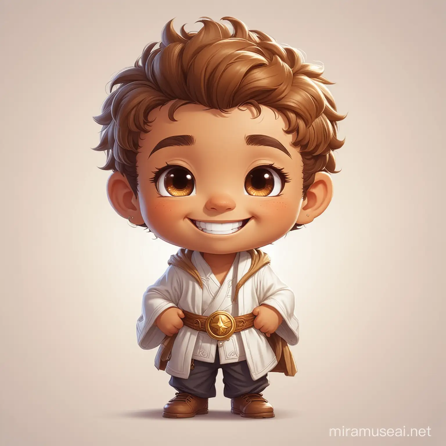 male child magical healer with light brown skin wearing white smiling on a white background chibi style