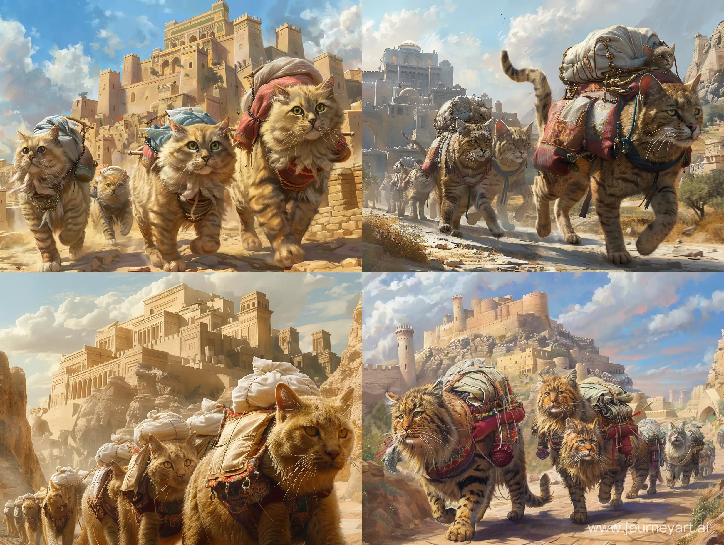 گروهی از گربه های غول پیکر در حالی که بر پشت آنها خورجین هایی پر شده از بافتنی قرار دارد در حال حرکت به سمت شهر باستانی پارس هستند