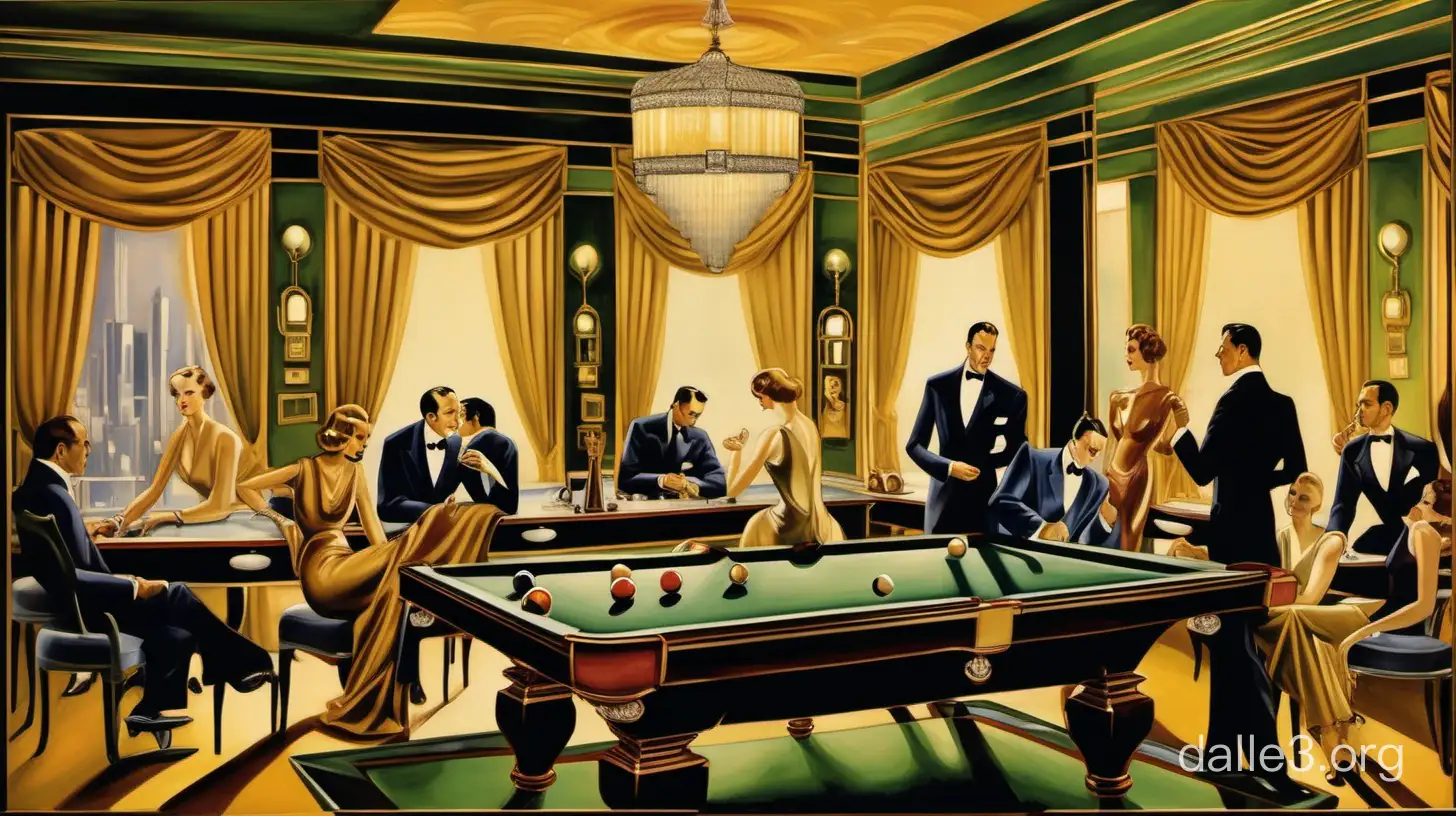 Description: The painting captures the essence of a billiard parlor through the lens of Tamara de Lempicka's distinctive Art Deco style. In the center of the composition stands a sleek, Art Deco-inspired pool table, its polished surface reflecting the soft, ambient light of the room. The table is adorned with geometric patterns and elegant curves, showcasing Lempicka's signature flair for modern design. Positioned around the table are impeccably dressed figures, each exuding an air of sophistication and refinement. Men in tailored suits and women in glamorous evening gowns lean against the table or sit on ornate chairs, engaged in lively conversation and laughter. The billiard parlor itself is opulent and luxurious, with richly textured wallpaper and ornamental details adorning the walls. A chandelier hangs from the ceiling, casting a warm, golden glow over the scene below. Through the windows, glimpses of a bustling cityscape can be seen, adding to the sense of glamour and intrigue. Overall, the painting captures the elegance and allure of a bygone era, inviting the viewer to step into a world of timeless sophistication and style.