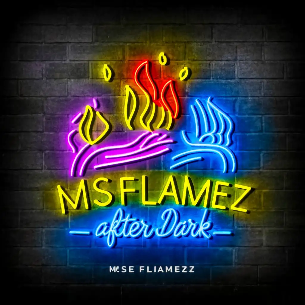 logo, brown woman hands, fire, neon logo, lip bite by text, rose pink, red, yellow, orange fire, 3d, with the text "MsFlamez After Dark", typography
