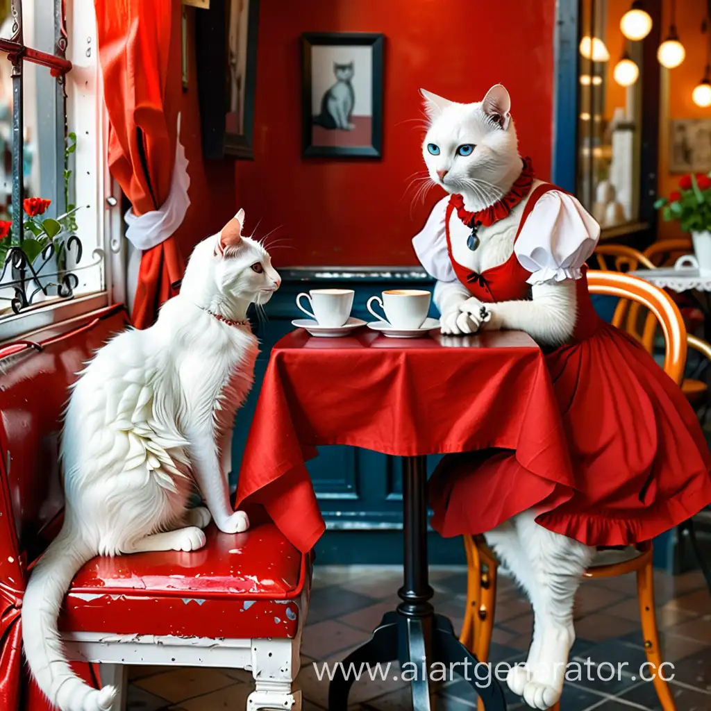 Кошка красивая ,белая ,в красном платье влюбленная , сидят в кафе со статным атопоморфным котом за столом и смотрят друг на друга