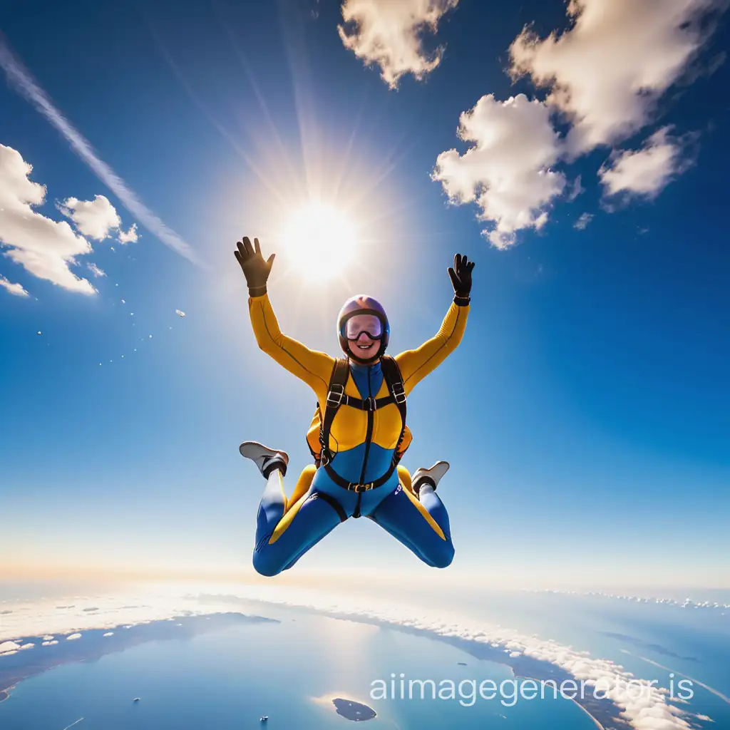 free fall sky diving and the sun in the background,an image full of yellow and blue