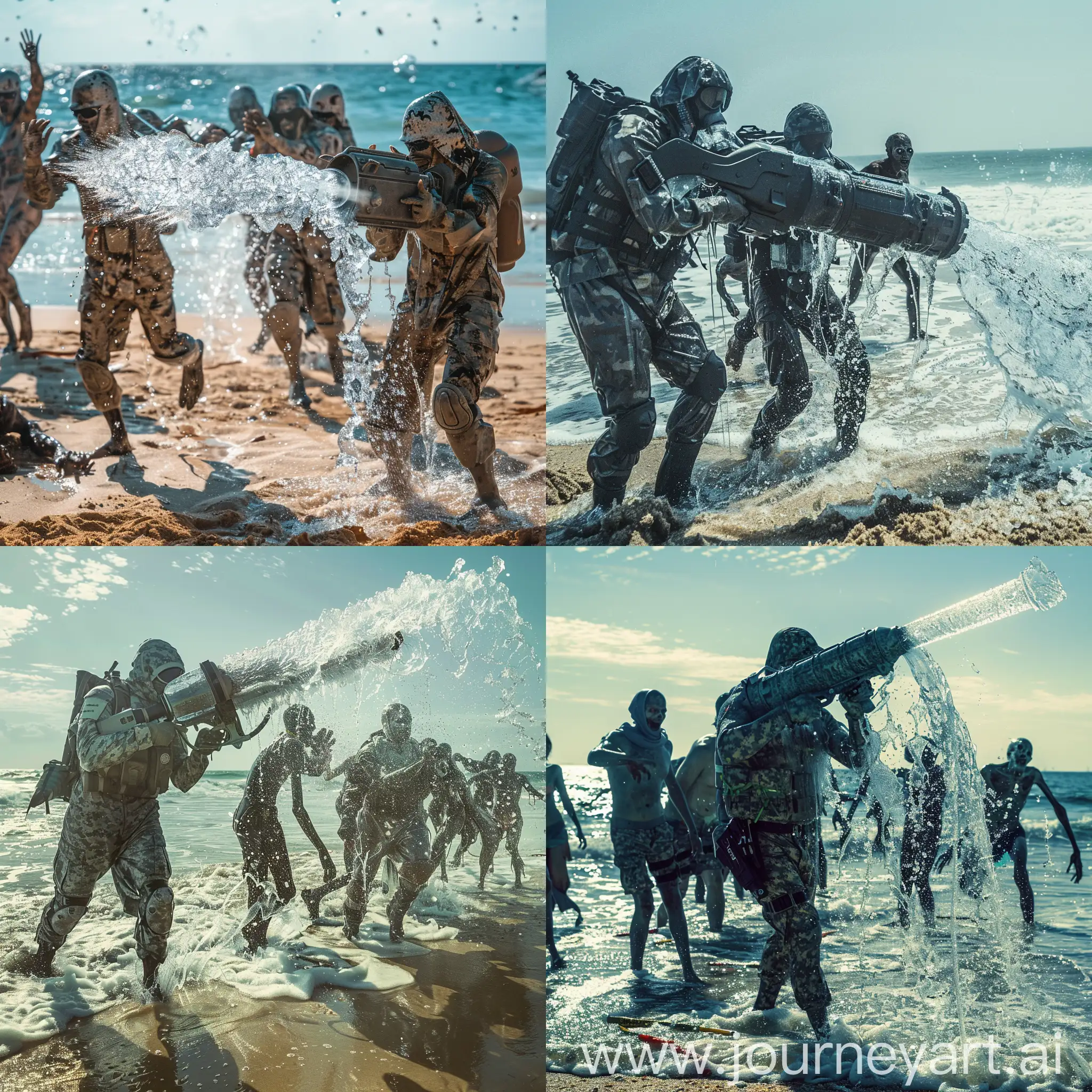 epic, special effects, full body covered militar carrying a huge water gun, cristaline pressurized water being released from the water gun, at the beach, zombie getting anhilated by the water leaving from the water gun