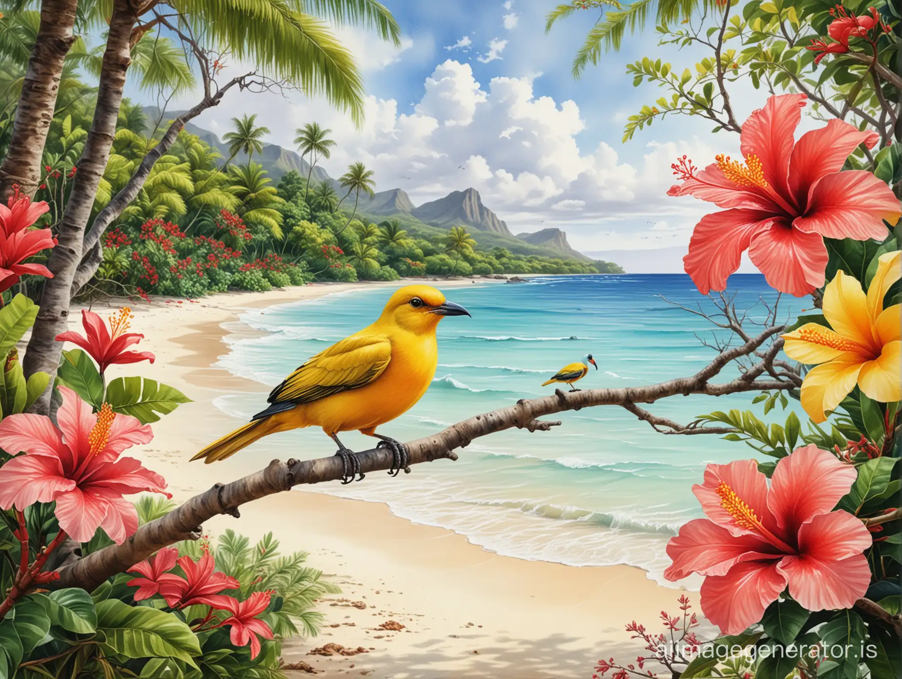 Mauritius tropical beach landscape with a yellow bird, filao trees and branches with frangipani and a red hibiscus, realistic photography, detailed painting, watercolor, natural