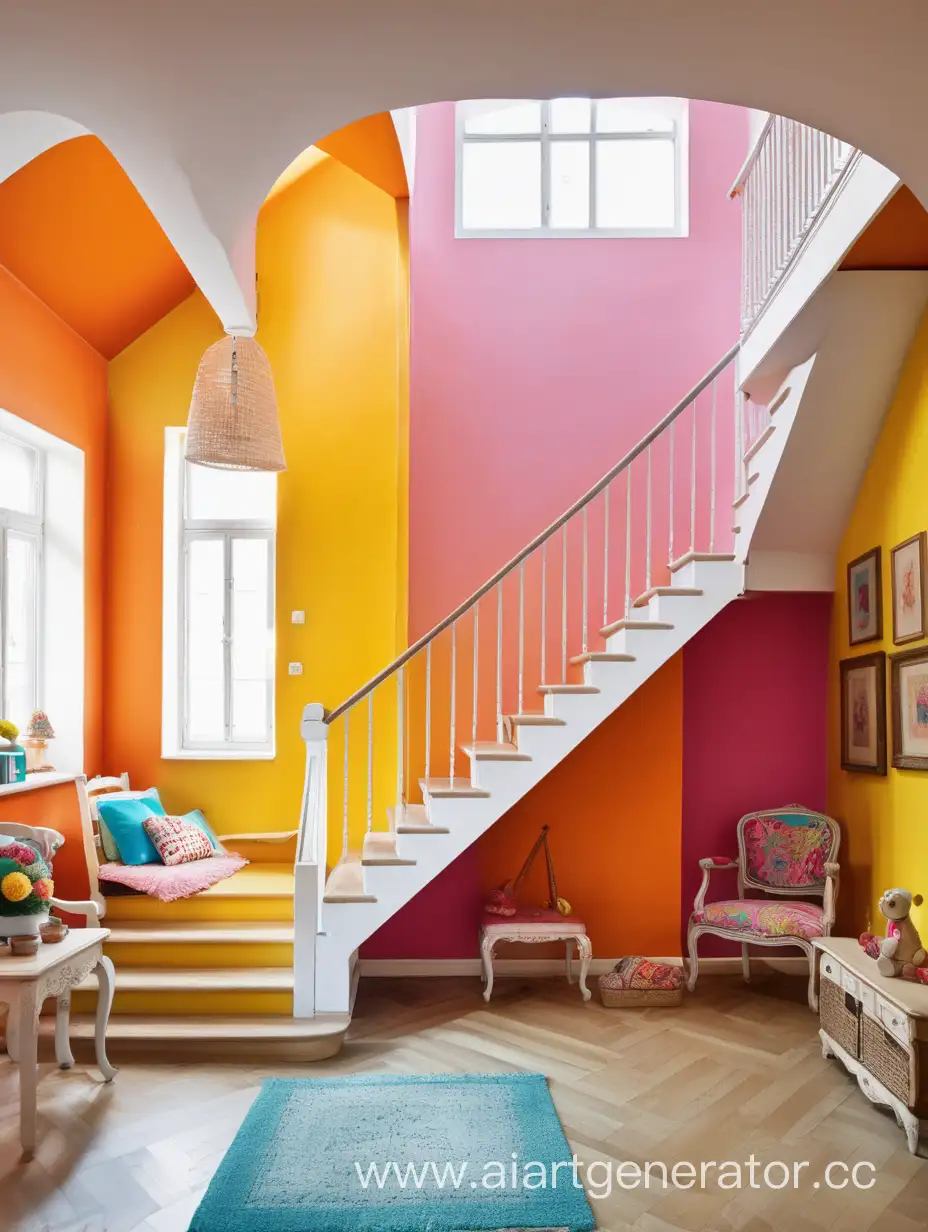 Помещение в ярких красках с лестницей 