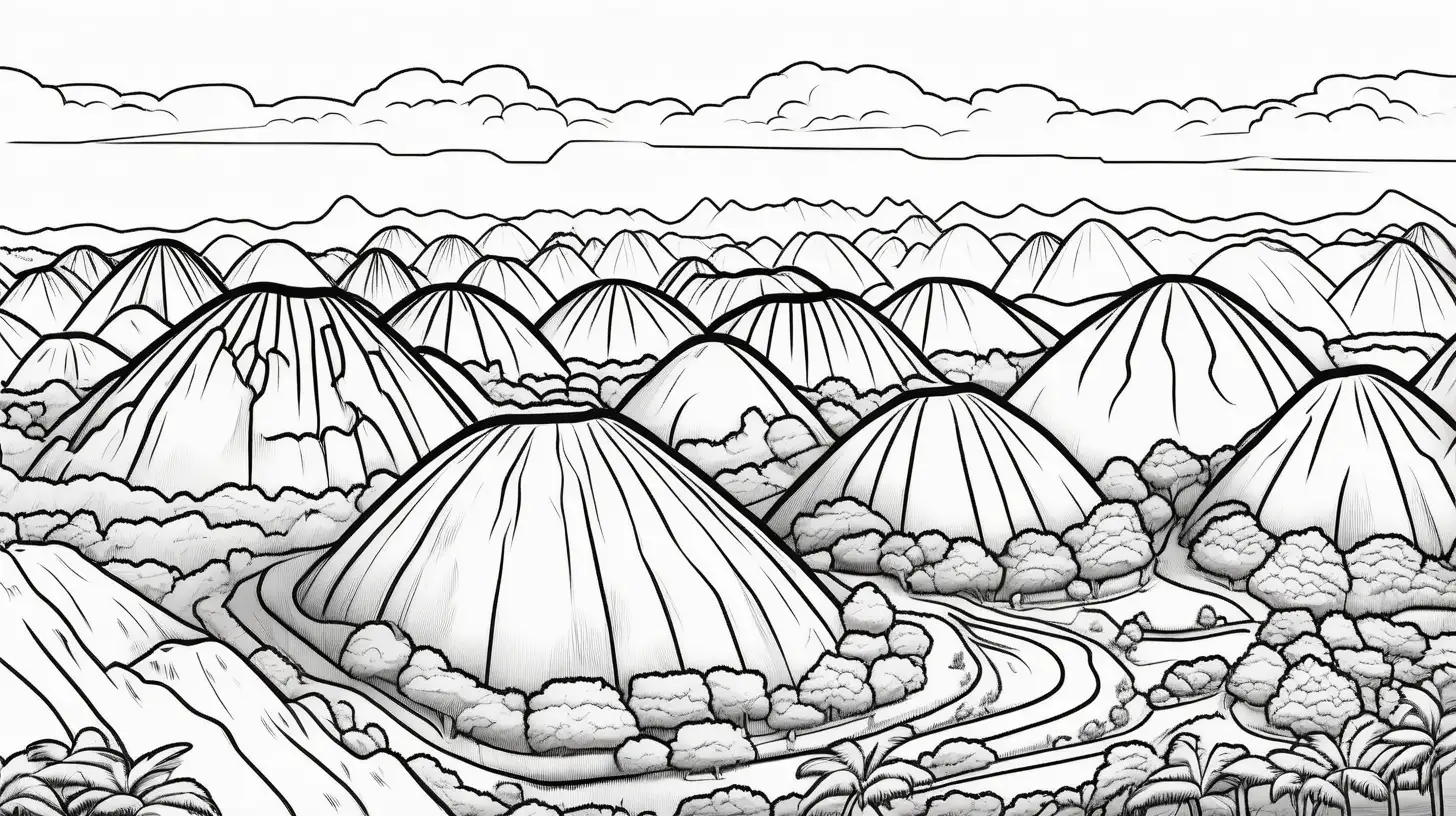 low detail coloring page of the chocolate hills in the Philippines