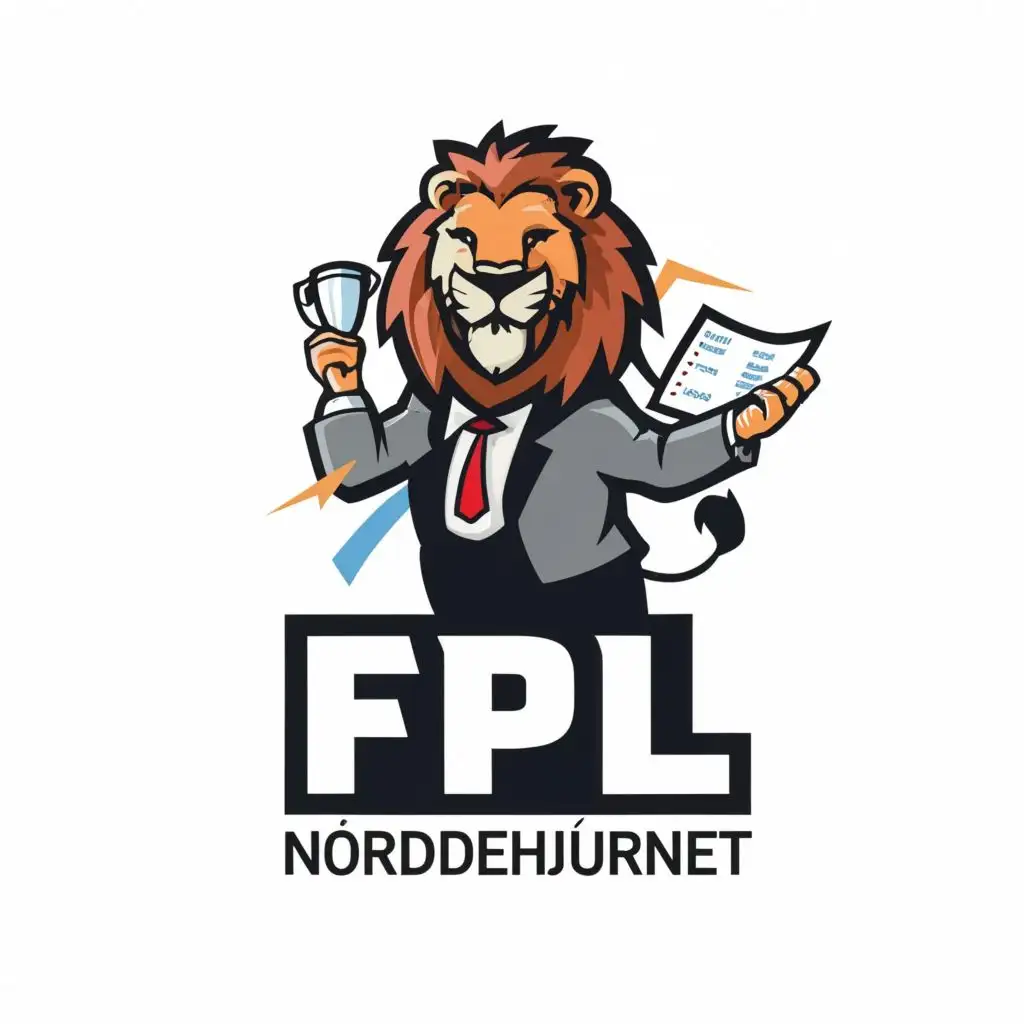 logo, Lion a footballmanager in a suit. White background. Cheering while holding a trophy in one hand and chart in the other hand. He is using reading glasses, with the text "FPL-Nørdehjørnet", typography, be used in Sports Fitness industry