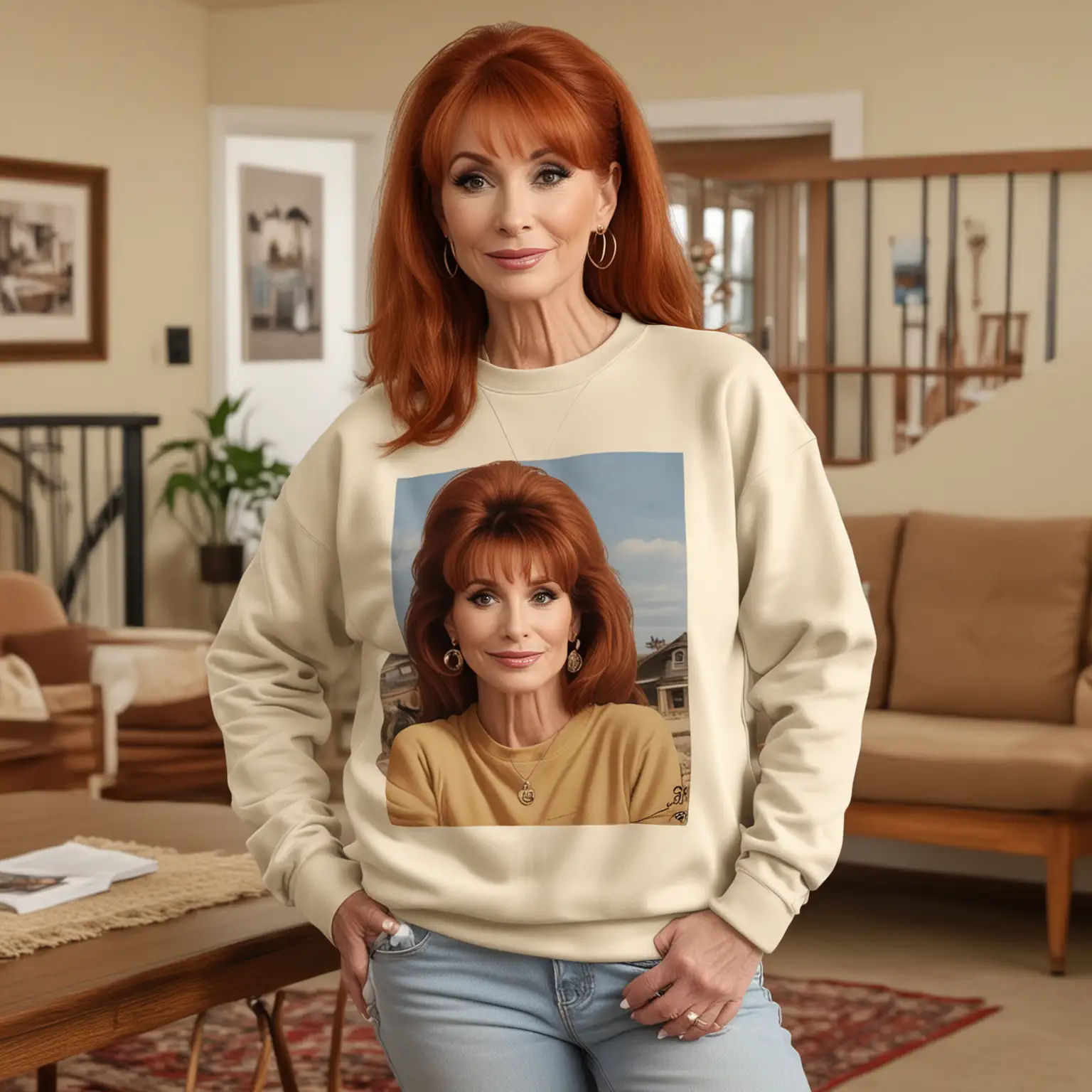 mockup for a light sand colored sweatshirt.  the model should be female and resemble peg bundy.  the background of the photo should look like the inside of peg bundy's house