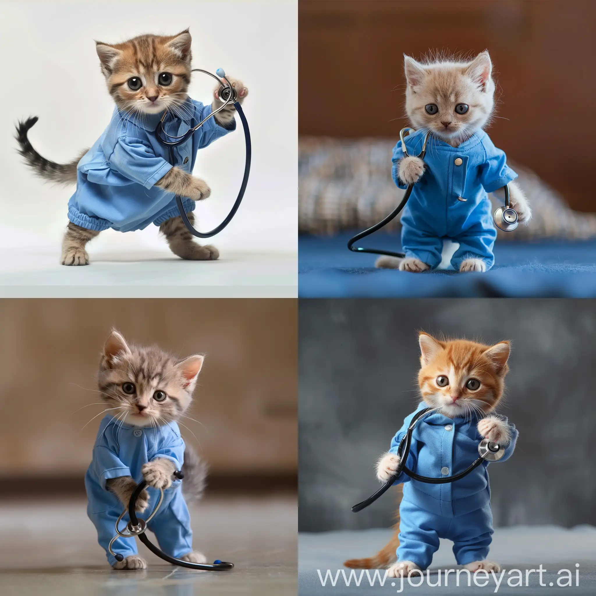 A kitten that is a doctor wearing blue scrubs and holding a stethoscope