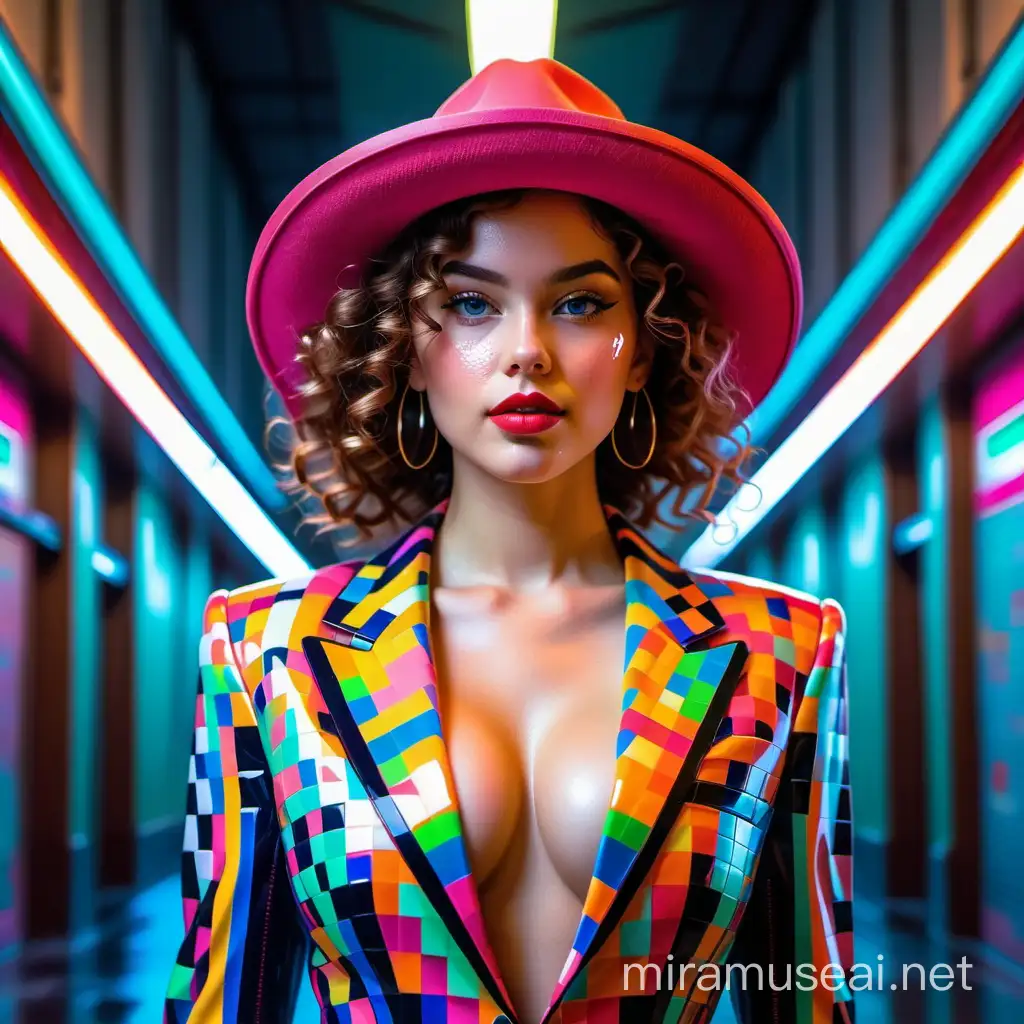 Pixel art, Aivision, body elegant model in elegant geometric style suit , elegant hat , red lips , curly hair, beautiful eyes , bold neon colors , splash art , splashed neon colors , ( iridiscent glowy ) ( ( motion effects ) ) , best quality , UHD , centered image , MSchiffer art , ( ( flat colors ) ) , ( cel - shading style ) very bold neon colors , ( ( high saturation ) ), The background is a rectangular corridor 