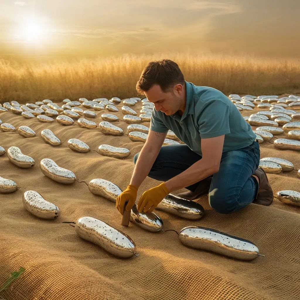 Man Planting Aluminum Cucumbers in Tarpaulin Field