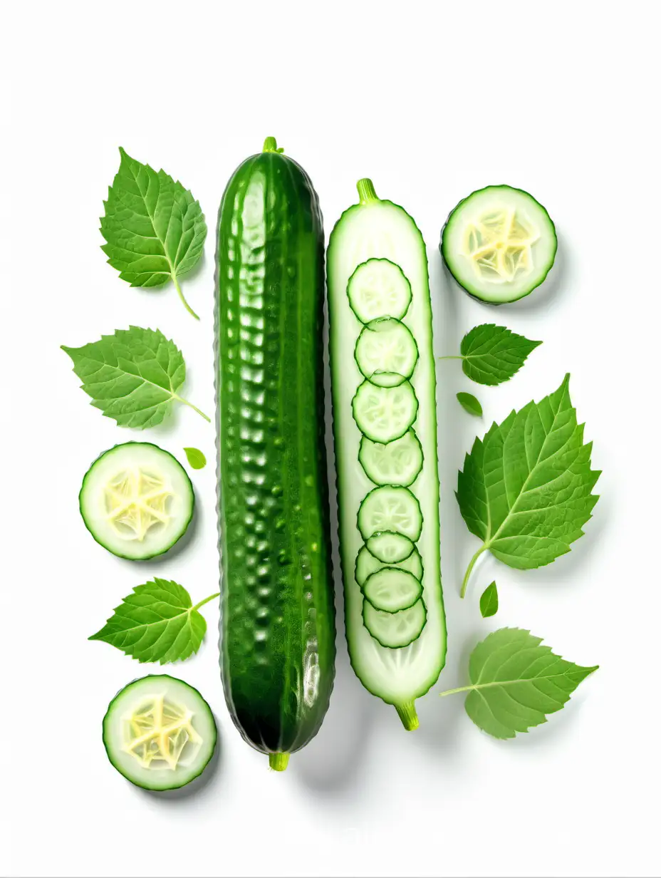  Cucumber with slices and green leaves on white background