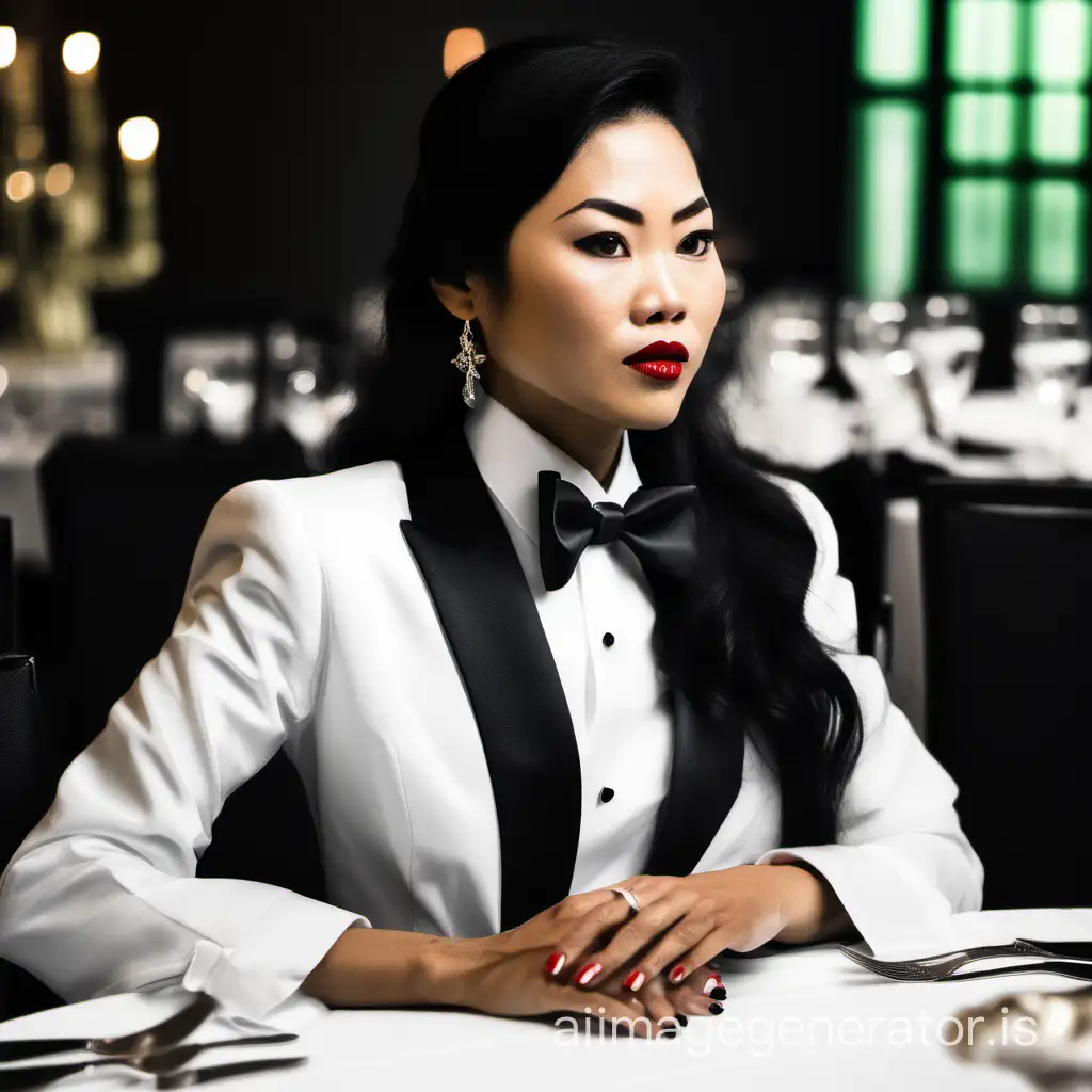 stern Vietnamese woman with long hair and lipstick wearing a tuxedo with a black bow tie.  She is at a dinner table.  She is wearing cufflinks.