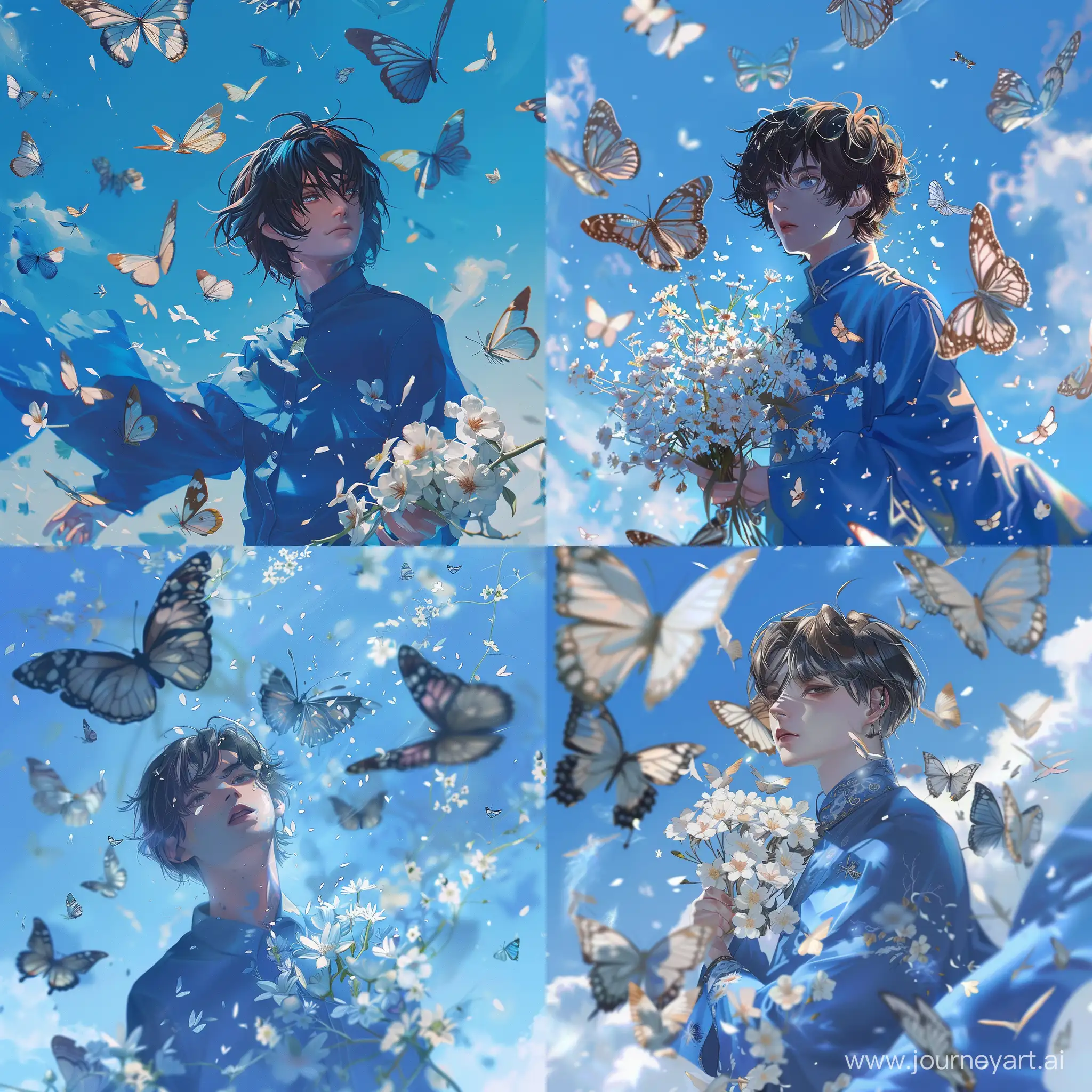 Anime-Man-Amidst-Majestic-Butterflies-with-White-Flowers-in-Blue-Sky