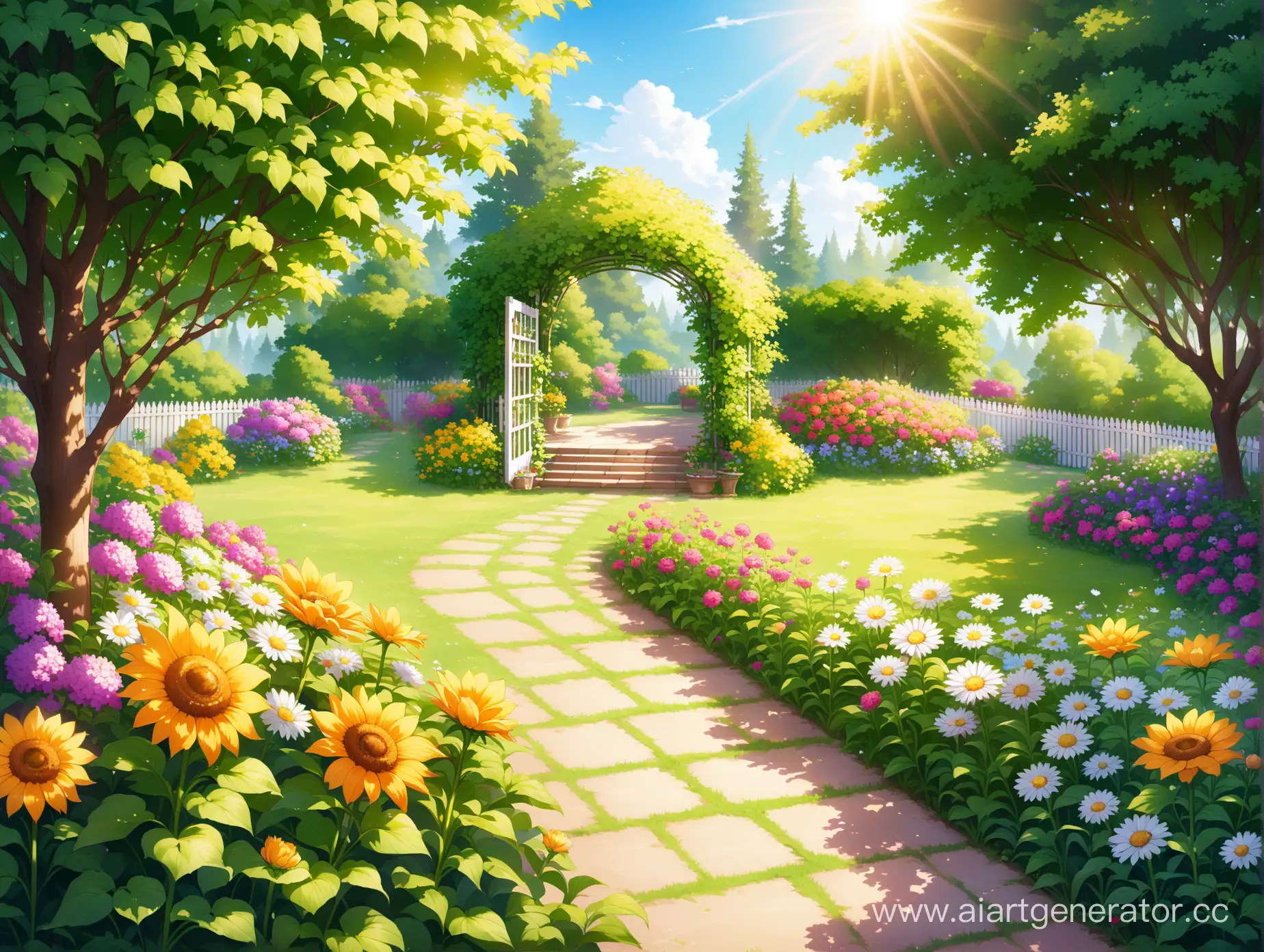 Vibrant-Sunny-Garden-with-Blooming-Flowers-and-Lush-Greenery