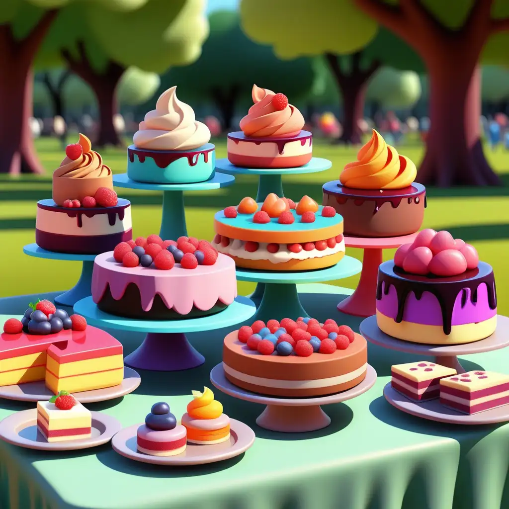 cartoon style table full of colorful desserts in the park