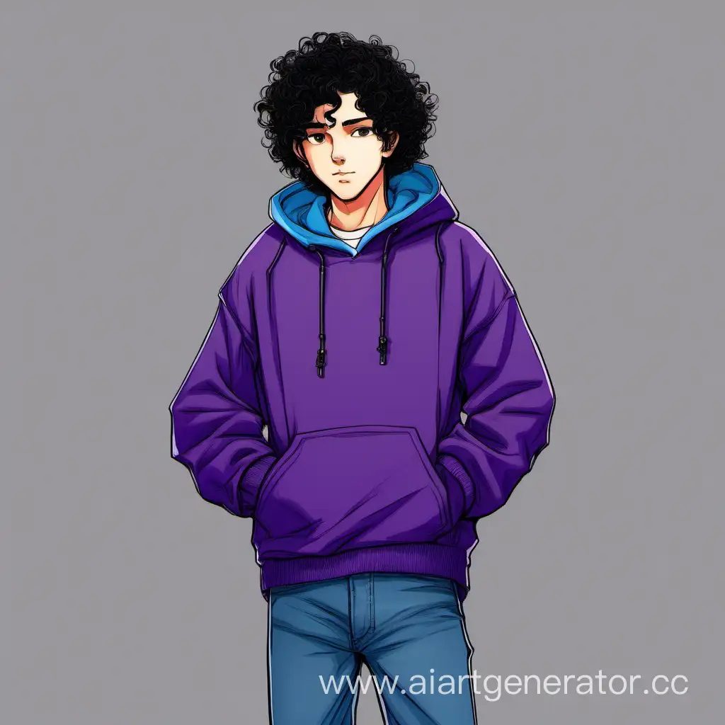 Мальчик 16 лет ростом 163см  с чёрными вьющимися волосами карие глаза одет в фиолетовую толстовку синие джинсы и сапоги с мц-255 в руках