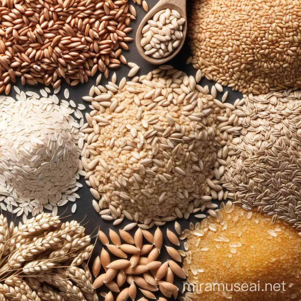 Variety of Whole Grains and Seeds Spread on Wooden Table
