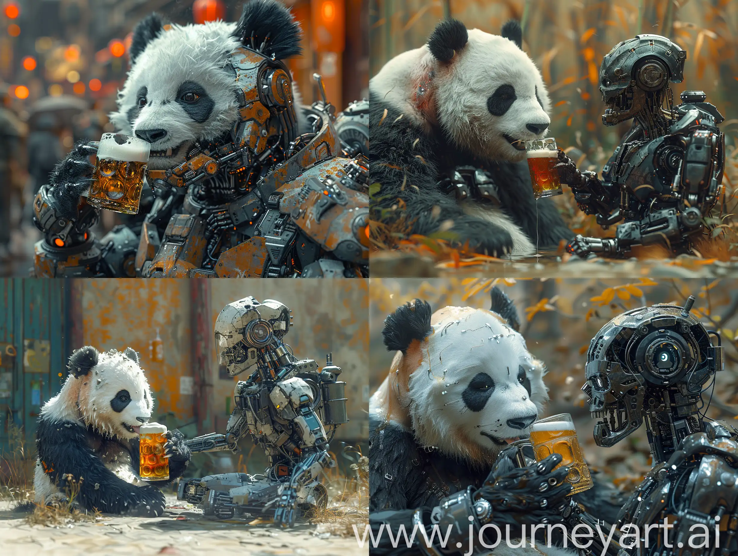 16k Hyperrealistic detailed sharp 3d digital illustration of gigantic panda enjoying a beer with a cyborg man, intricately detailed cyborg having a beer with a panda, by BUA. brushstrokes by Carne Griffiths, C215, Robert Oxley. CGI by Ricardo Salamanca. ZBrush, Octane Render, Unreal Engine 5 rendering in Blender. fascinating lighting by Russ Mills, interesting pose, intricate beautiful face --stylise 750 --v 6 --ar 4:3 --no 79186