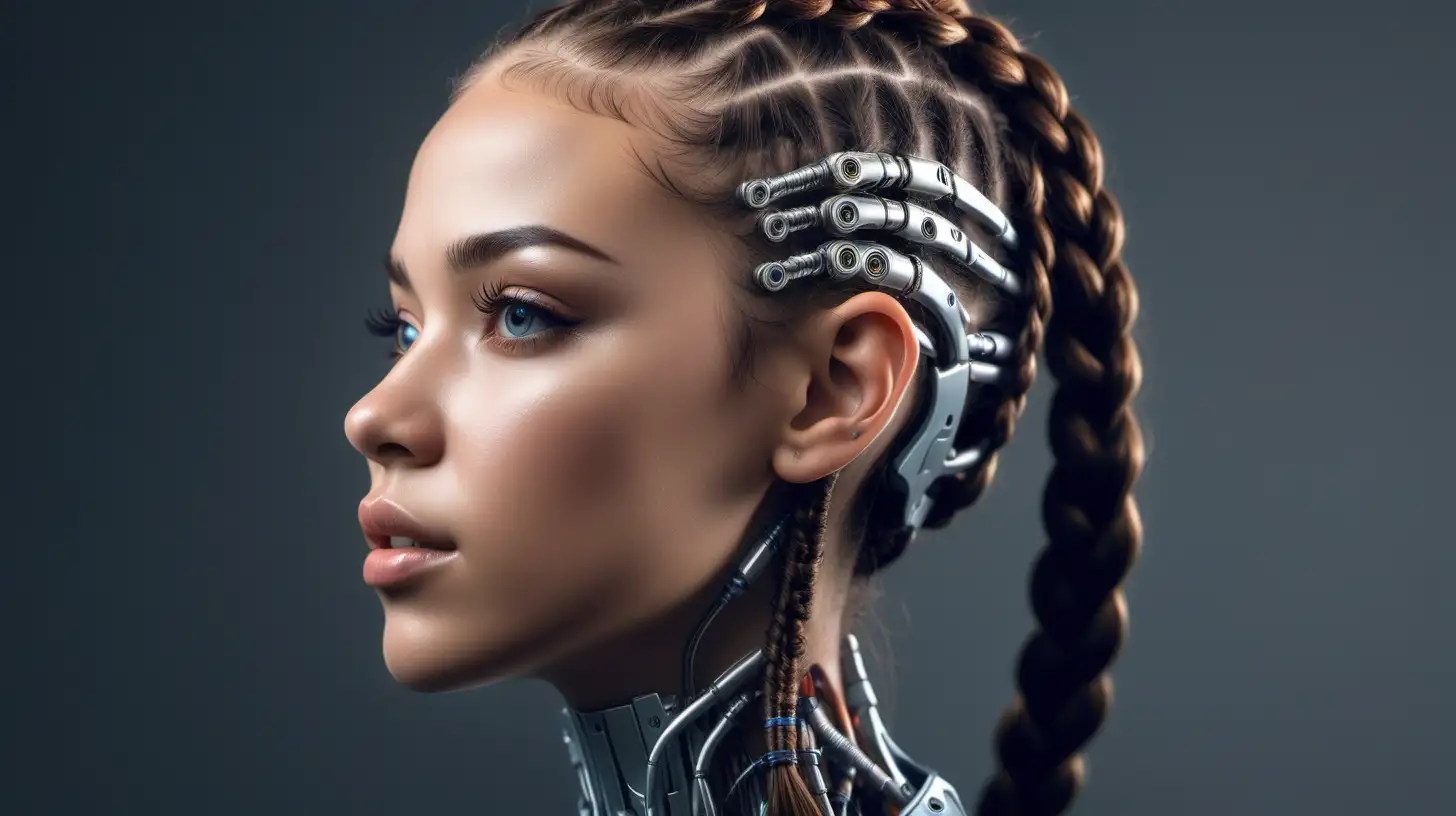 Photo realistic. Gorgeous cyborg woman, 18 years old. She has a cyborg face, but she is extremely beautiful.  Braids go up in the air. Braids fly in the air. She is European.