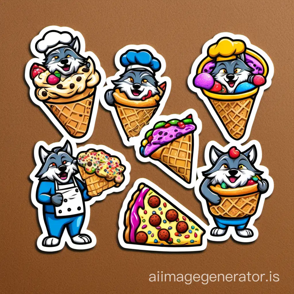 Foodie Wolves stickers in a bundle for stickers print on demand 

A wolf holding a giant ice cream cone with multiple scoops and sprinkles.
A chef wolf with a chef's hat, holding a tray of freshly baked cookies.
A wolf with a slice of pizza, a burger, and a taco, all floating around it.